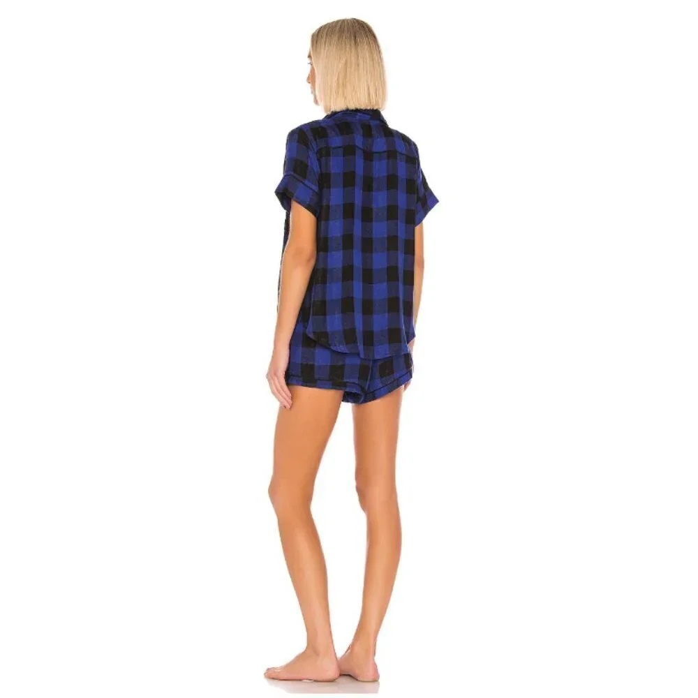 Revolve Plush Pajama Shorts Set M Ultra Soft Plaid Blue Black Lounge Comfy